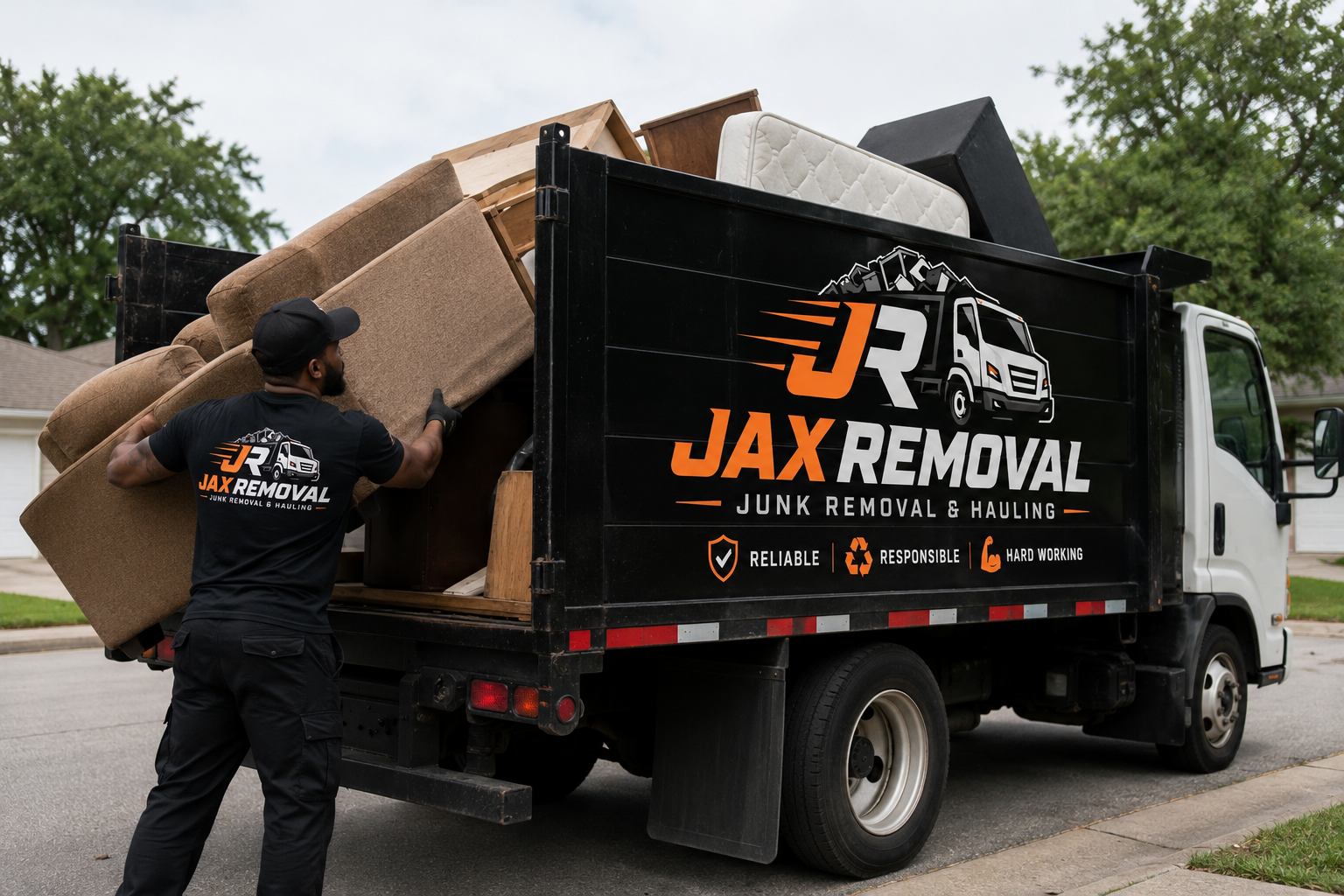 Frontier Junk Removal Jax crew loading a full truck bed