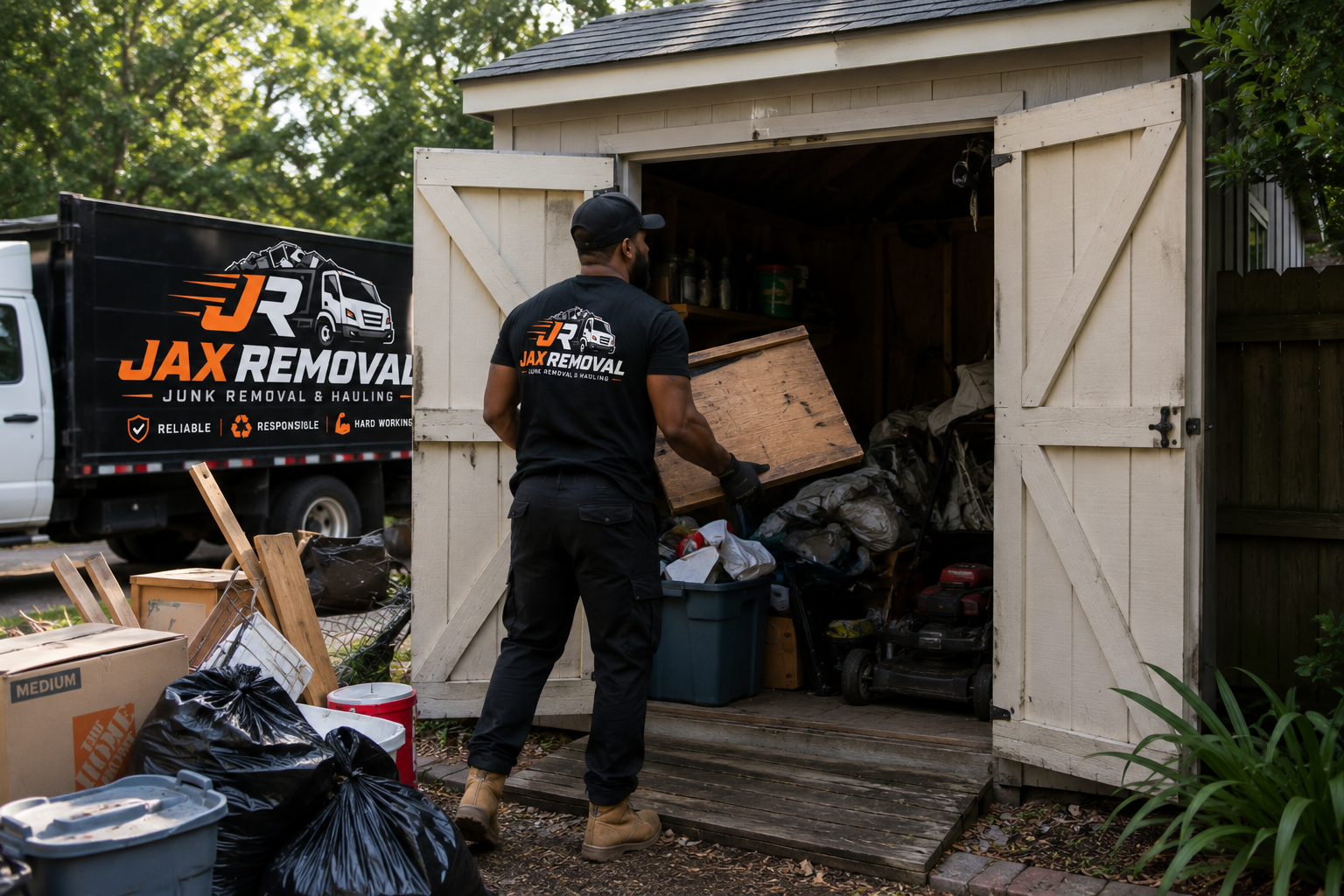 Frontier Junk Removal Jax crew clearing a backyard shed